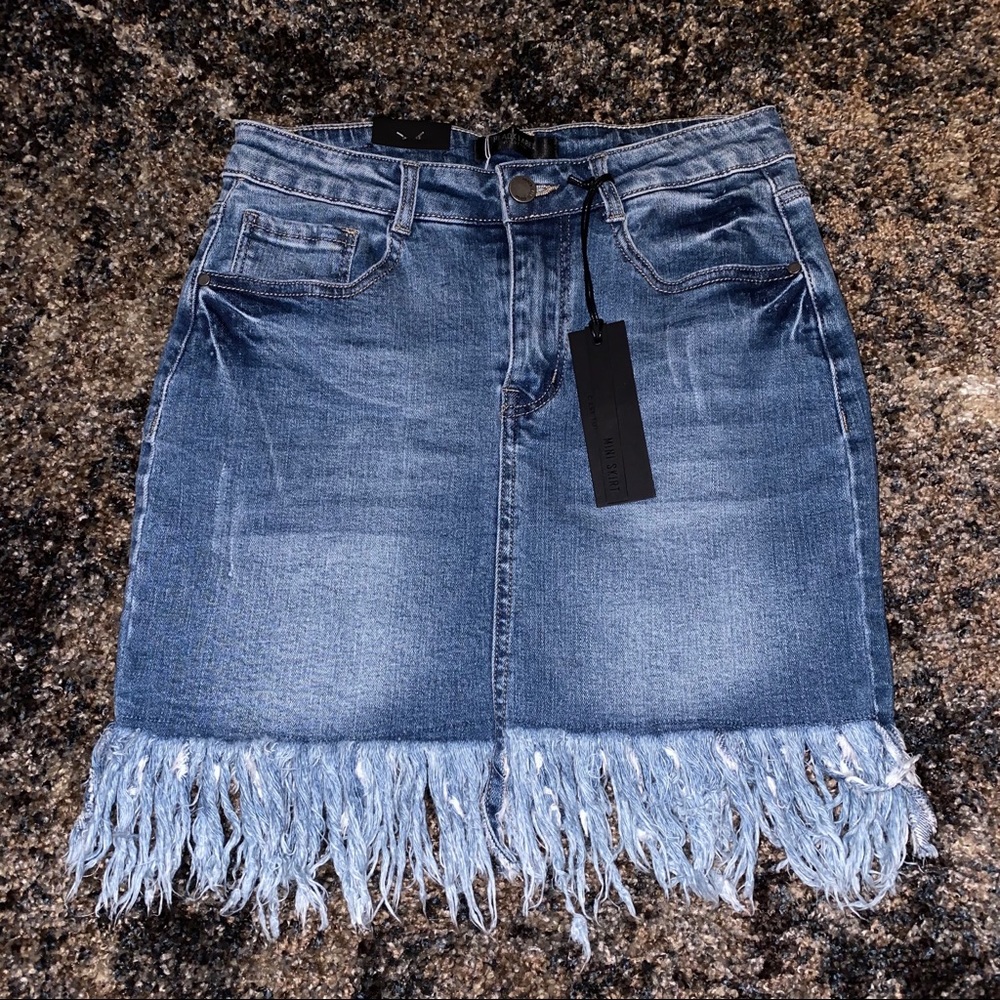Black Label Fringe Denim Mini Skirt